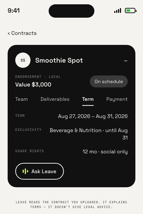 iOS contract view for Smoothie Spot with exclusivity flagged